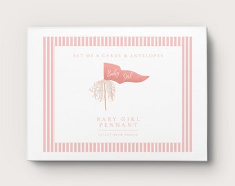 Baby Girl | Personalized Notecards | Custom Notecards | Pink Pennant Flag Notecards