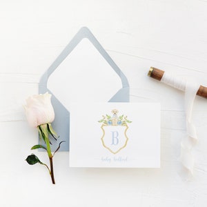 Watercolor Baby Crest Notecards | Dusty Blue & Gold Puppy Monogram Crest