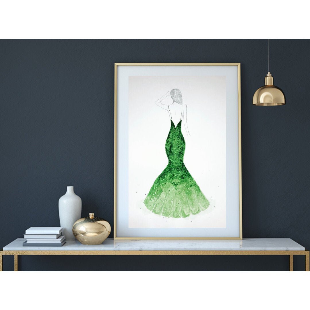 Girl in the green dress. Original watercolour painting. Size Etsy