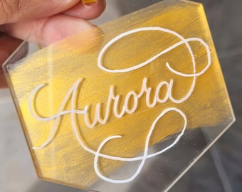 Hexagonal Clear Acrylic Place Cards, Gift Tags, Personalized coloured