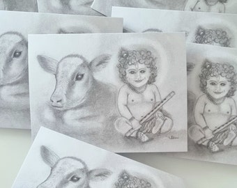 Krishna Hand-Drawn Card, Spiritual Art, Bal Krishna and Calf