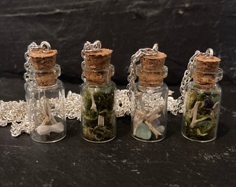 Bone Moss and Crystal Jar Necklace