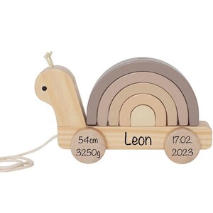 Nachziehspielzeug personalisiert Schnecke aus Holz , Pastell Beige, Stapelspielzeug, Holzspielzeug mit Name Bild 9