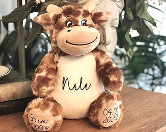 Cuddly toy giraffe personalized with name, date of birth, height, weight, gift idea