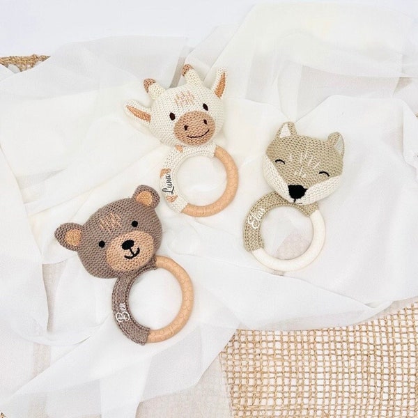 Personalisierter Greifling mit Name Babygeschenk gehäkelt Rassel | Teddy | Reh | Natur | Geschenk zur Geburt | Fuchs | Giraffe Beißring