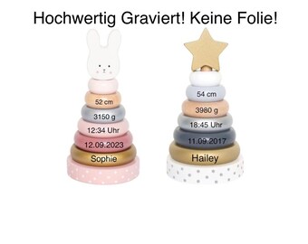 Geschenk zur Geburt Stapelturm Holz mit Name und Geburtsdaten personalisiert Hase Babygeschenk Geburt Mädchen Geschenk