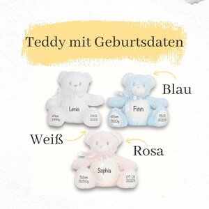 Geschenk zur Geburt Kuscheltier Teddybär mit Name Personalisiert, Geburtsdaten, Teddy mit Name Taufe, in Rosa , Blau und Weiß erhältlich Bild 1