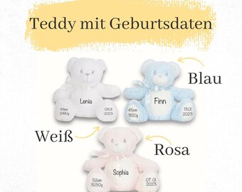 Geschenk zur Geburt Kuscheltier Teddybär mit Name Personalisiert, Geburtsdaten, Teddy mit Name Taufe, in Rosa , Blau und Weiß erhältlich