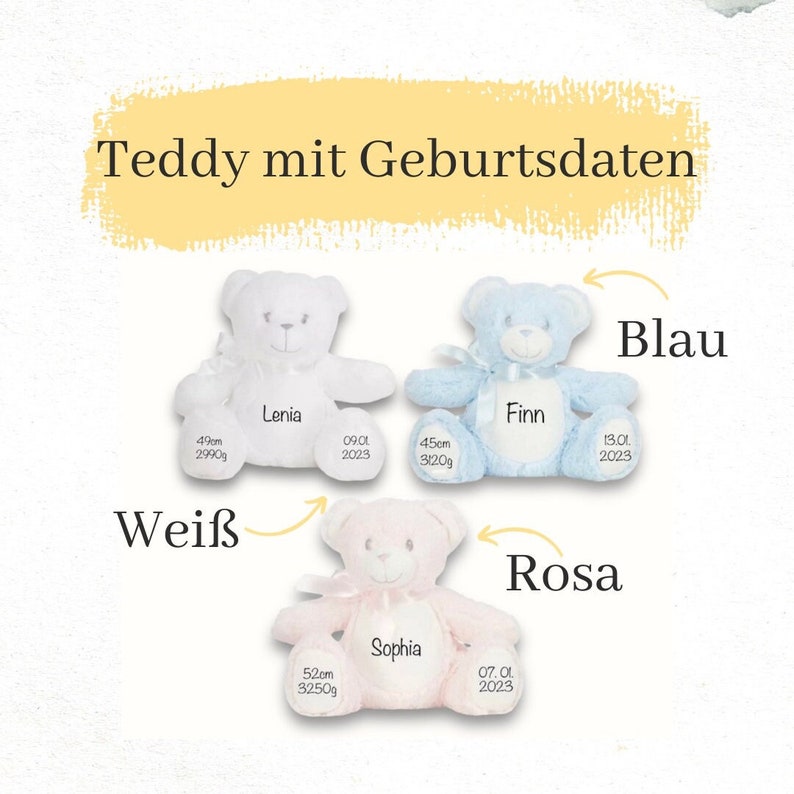 Geschenk zur Geburt Kuscheltier Teddybär mit Name Personalisiert, Geburtsdaten, Teddy mit Name Taufe, in Rosa , Blau und Weiß erhältlich Bild 1