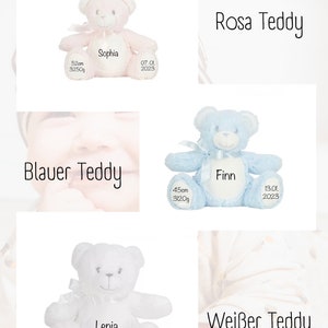Geschenk zur Geburt Kuscheltier Teddybär mit Name Personalisiert, Geburtsdaten, Teddy mit Name Taufe, in Rosa , Blau und Weiß erhältlich Bild 5