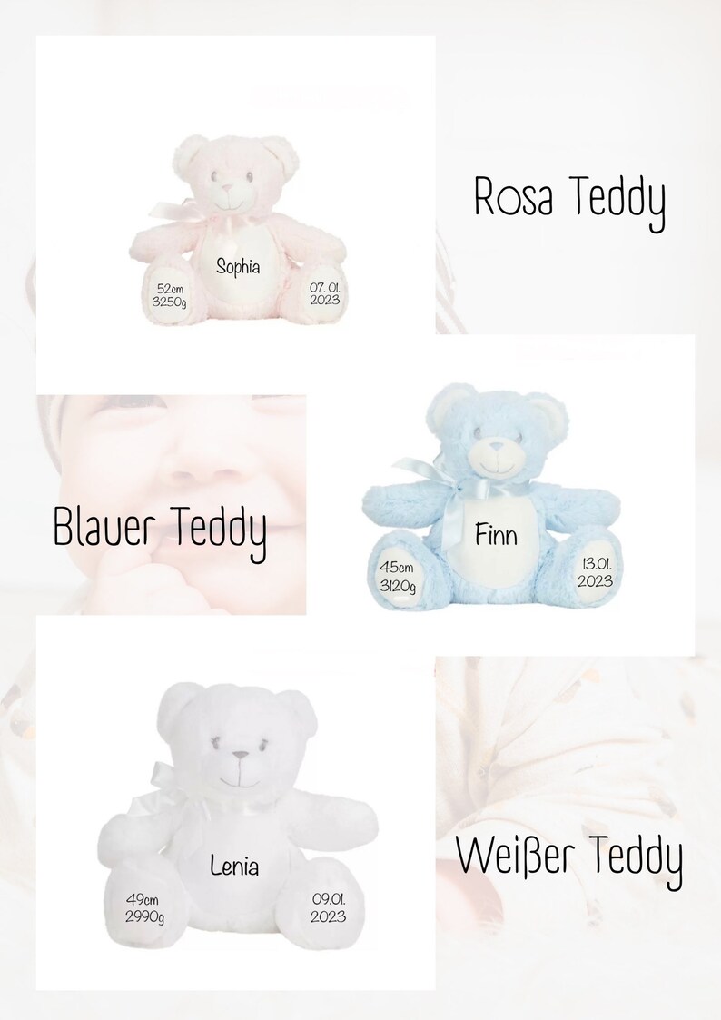 Geschenk zur Geburt Kuscheltier Teddybär mit Name Personalisiert, Geburtsdaten, Teddy mit Name Taufe, in Rosa , Blau und Weiß erhältlich Bild 5