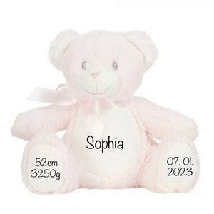 Geschenk zur Geburt Kuscheltier Teddybär mit Name Personalisiert, Geburtsdaten, Teddy mit Name Taufe, in Rosa , Blau und Weiß erhältlich Bild 4