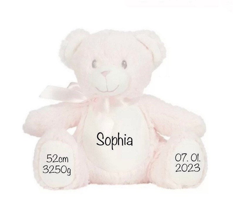 Geschenk zur Geburt Kuscheltier Teddybär mit Name Personalisiert, Geburtsdaten, Teddy mit Name Taufe, in Rosa , Blau und Weiß erhältlich Bild 4