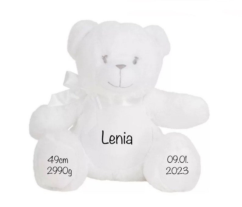 Geschenk zur Geburt Kuscheltier Teddybär mit Name Personalisiert, Geburtsdaten, Teddy mit Name Taufe, in Rosa , Blau und Weiß erhältlich Bild 2