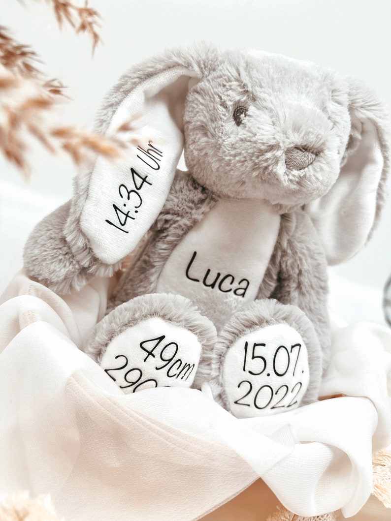 Lapin en peluche personnalisé avec nom et dates de naissance / Lapin de Pâques / Cadeau bébé pour la naissance / Cadeau de Pâques enfants image 2