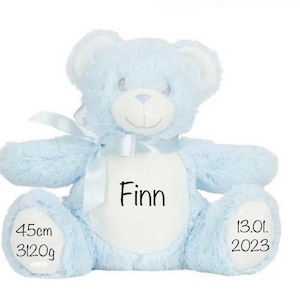 Geschenk zur Geburt Kuscheltier Teddybär mit Name Personalisiert, Geburtsdaten, Teddy mit Name Taufe, in Rosa , Blau und Weiß erhältlich Bild 3