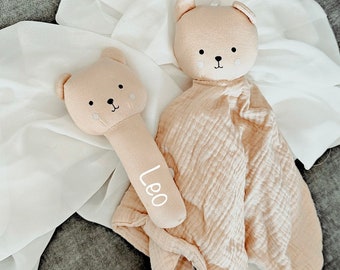 Couverture de confort personnalisée avec nom | Hochet avec prénom Teddy doudou imprimé garçon | peluche | Cadeau de naissance