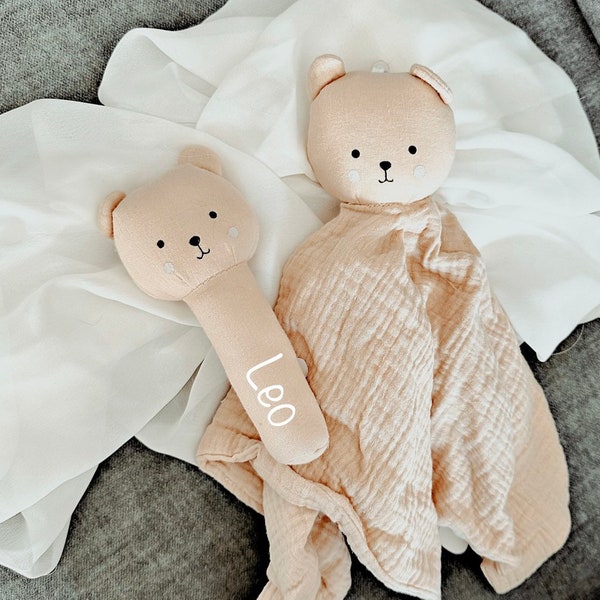 Couverture de confort personnalisée avec nom | Hochet avec prénom Teddy doudou imprimé garçon | peluche | Cadeau de naissance