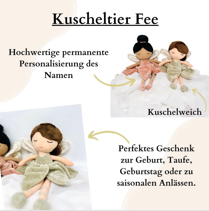 Kuscheltier Fee mit Name Personalisiert, Geschenk zur Geburt, Geschenk zur Taufe, Geschenk für 2 Jährige Mädchen, Mädchengeschenk Altrosa Bild 5