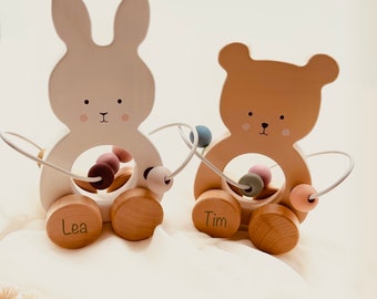 Wooden toy personalized bunny made of wood, teddy made of wood pastel beige, stacking toy, wooden toy with name baby gift