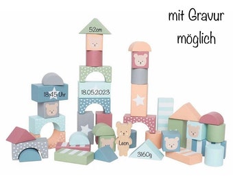 Personalized building blocks for toddlers, 50 pieces, blue with storage box, teddy bear with name, birth gift, baptism gift