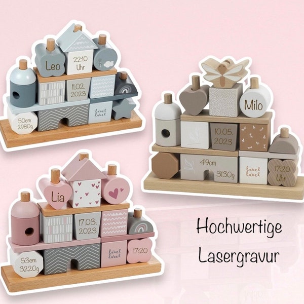 Babygeschenk Geburt, Holzspielzeug graviert, Stapelturm, Erster Geburtstag, Geschenk zur Taufe, Geschenk zur Geburt, Babyparty, Stapelhaus