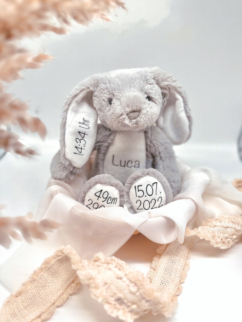 Lapin en peluche personnalisé avec nom et dates de naissance / Lapin de Pâques / Cadeau bébé pour la naissance / Cadeau de Pâques enfants image 1