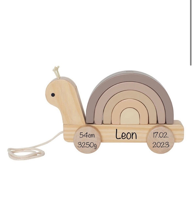 Nachziehspielzeug personalisiert Schnecke aus Holz , Pastell Beige, Stapelspielzeug, Holzspielzeug mit Name Bild 9