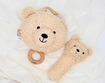 Teddy Spieluhr mit Name | Babygeschenk mit Musik Teddybär | Rassel personalisiert mit Gravur möglich | Geschenk zur Geburt Geschenkset Baby