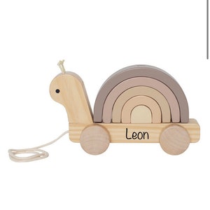 Nachziehspielzeug personalisiert Schnecke aus Holz , Pastell Beige, Stapelspielzeug, Holzspielzeug mit Name Bild 3