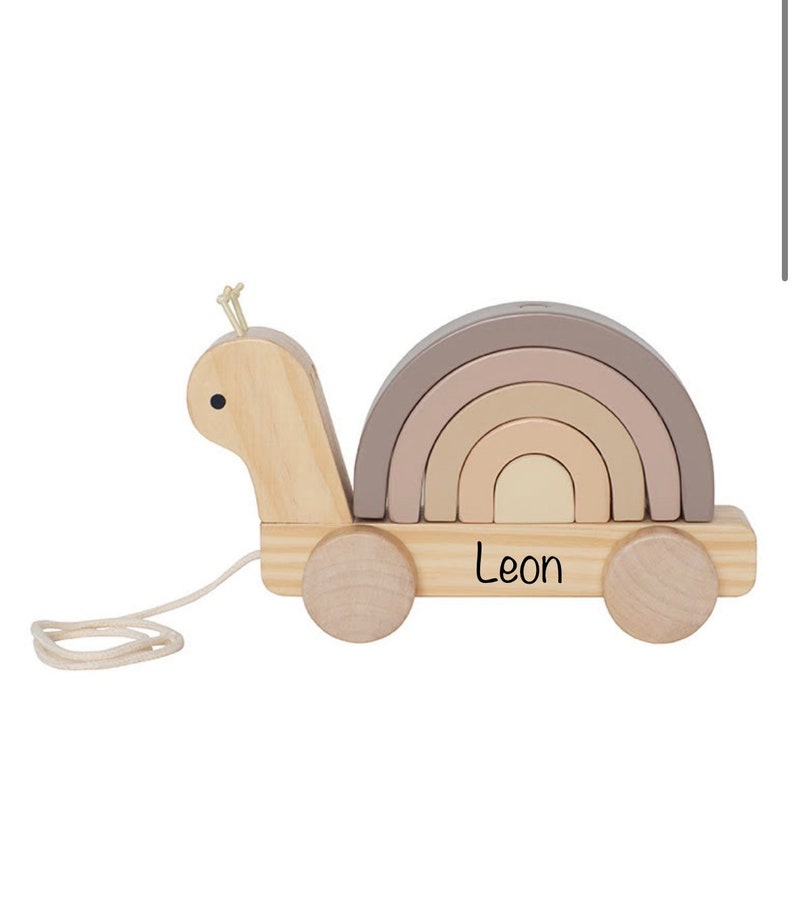 Nachziehspielzeug personalisiert Schnecke aus Holz , Pastell Beige, Stapelspielzeug, Holzspielzeug mit Name Bild 3