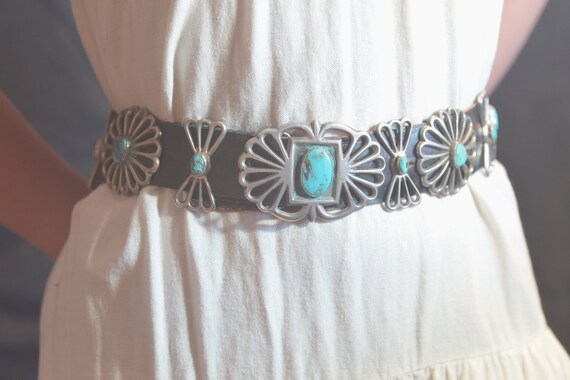 Old Pawn Turquoise Concho Belt Silver Sandcast vin