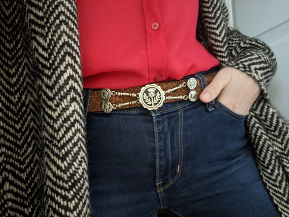 Fleur Hand Tooled Leather Wide Belt with Bone Buckle Fleur Hand Tooled Leather Wide Belt with Bone Buckle