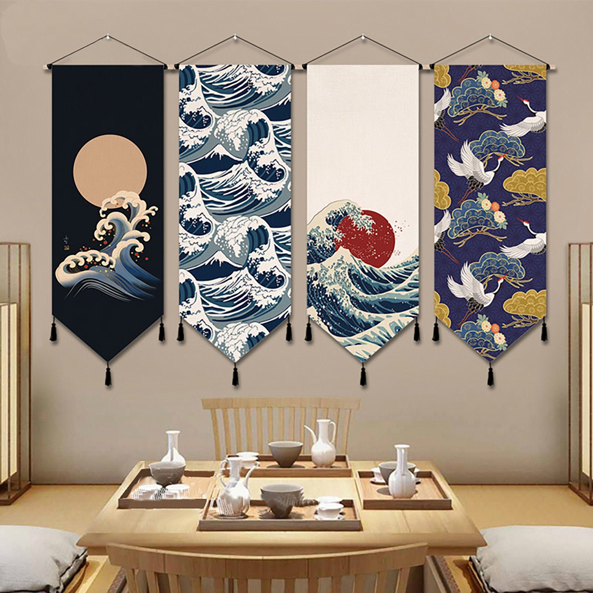 Japanese-style Tapestrycrane Wave Wall Hangingline Cotton - Etsy Finland