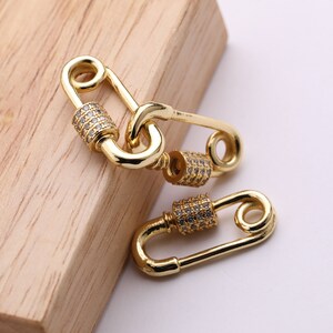 Safety Pin Screw Clasp Cubic Zirconia Gold Plated Clear CZ Micro Pave Clasp for Jewelry Making Bracelets Necklaces  25*12MM