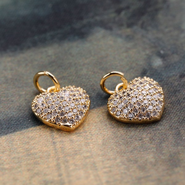 14K Gold Filled Tiny Heart Charms Clear CZ Micro Pave Heart Pendant for Jewelry Making Bracelets Necklaces Earring 9*10MM