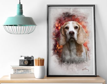 May include: A watercolour painting of a beagle dog with brown and white fur. The dog is looking directly at the viewer with a serious expression. The background is a blurry red and orange watercolour wash.