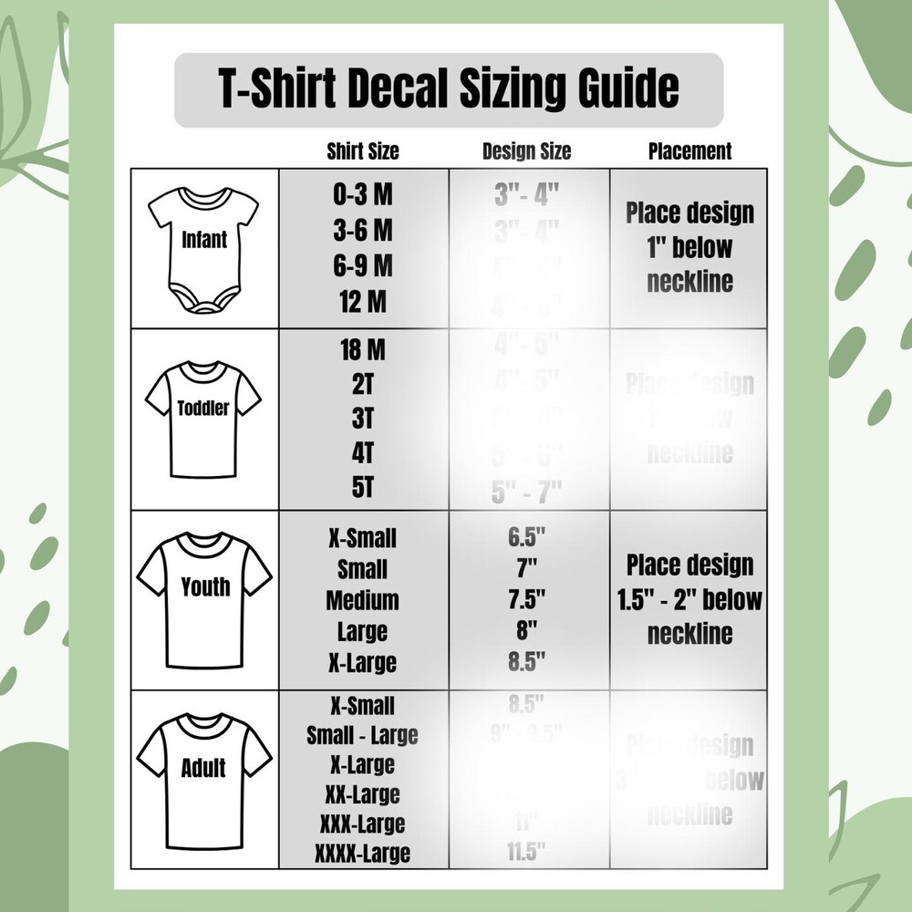 Printable Htv Sizing Chart, Cricut Cheat Sheet Decal Size Guide, Printable T-Shirt Decal Sizing Guide File, Printable Htv Decal Size Sheet