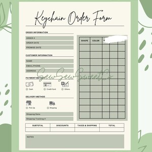May include: A light green keychain order form with the text "KEYCHAIN ORDER FORM" at the top. The form includes sections for order information, customer details, payment methods, and delivery options. A grid for shape and colour selection is also present.