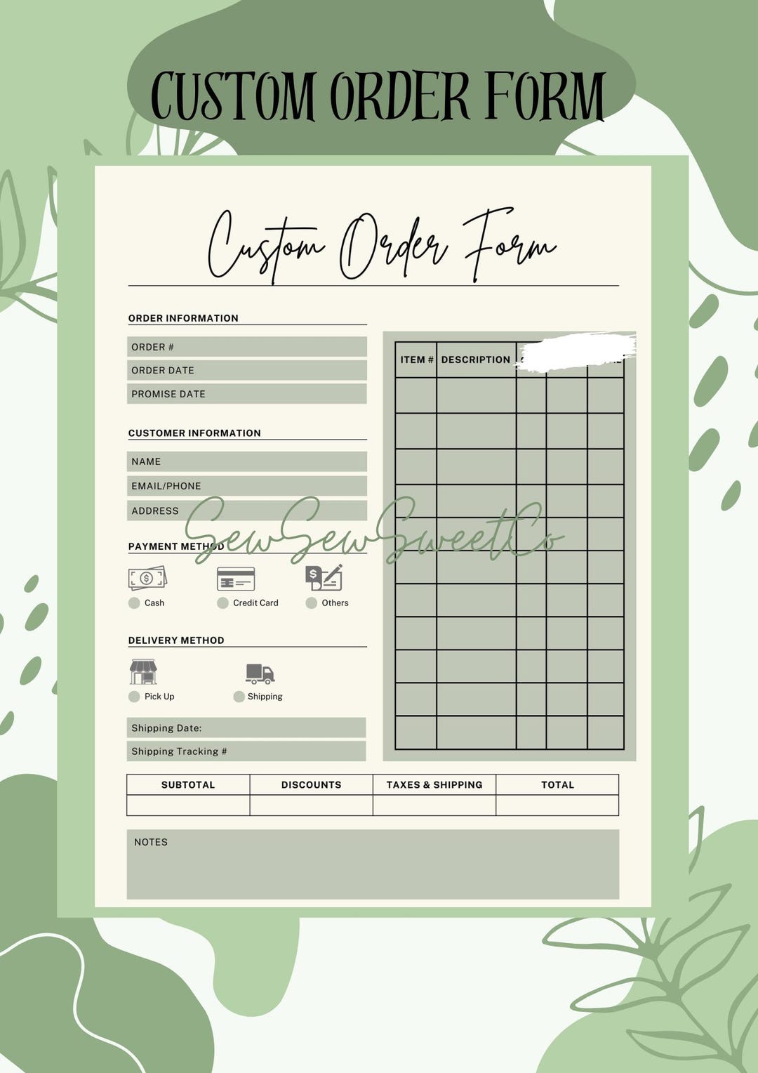 Custom Order Request Form Sample Printable Custom Order Form, Custom Order Form Cheat Sheet, Custom ...