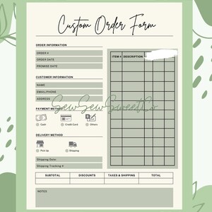 May include: A custom order form with sections for order details, customer information, payment, and delivery. It features fields for item descriptions, subtotals, discounts, and notes. The title "Custom Order Form" is displayed prominently.