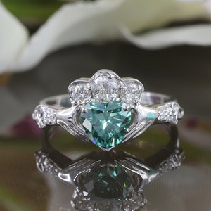 Heart Claddagh Ring, Irish Ring, 1.5CT Heart Cut Green Moissanite Ring, Ireland Engagement Wedding Ring, Proposal Ring 14K Solid Gold Ring