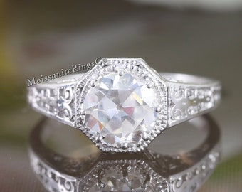 Vintage Art Deco Ring, 1.25 CT Old European Cut Moissanite Diamond Engagement Wedding Ring, Antique Rings, Anniversary Gift, 14K White Gold