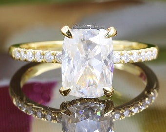 Solitario con anillo de acento, anillo de halo oculto, anillo de moissanita de corte de cojín alargado de 2,5 quilates, anillo de compromiso, anillo de boda, oro sólido de 14 quilates