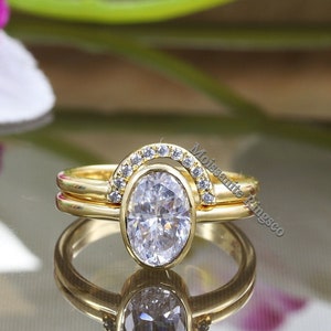 Bridal Ring Set, 2CT Oval Cut Moissanite Ring, Curved Wedding Band, Solitaire Moissanite Ring, Half Eternity Band, Bezel Set Ring, 14K Gold