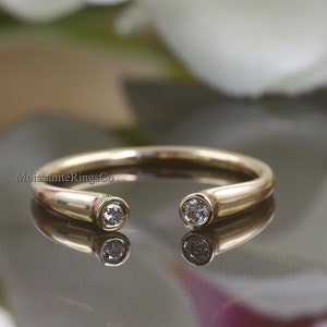Two Stone Ring, Open Cuff Ring, Adjustable Ring, Round Two Stone Cuff Ring, Round Moissanite Engagement Ring, 14K Rose Gold Open Ring