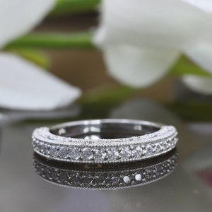 Art Deco Diamond Band, Vintage Style Milgrain Band, Half Eternity Diamond Wedding Band, 14K White Gold Round Diamond Antique Art Deco Band