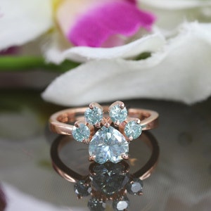 Dog Cat Claw Shape Ring, Pet Diamond Jewelry, Dog Cat Paw Shape Adjustable Women Ring, 1 CT Heart Cut Aqua Blue Diamond Rings, 14K Rose Gold