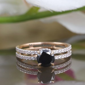 Black Diamond Ring, Two Row Diamond Hidden Halo Ring, 1.5 CT Round Black Diamond Engagement Wedding Ring, 14K Solid Rose Gold Two Row Rings