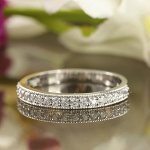 Half Eternity Band, Minimalist Milgrain Band, Daily Wear Stackable Band, Round Cut Moissanite Engagement Wedding Band, 14K Solid Gold Ring